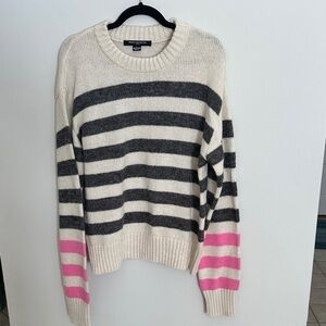 French Connection Cream, Charcoal & Pink Striped Crew Sweater